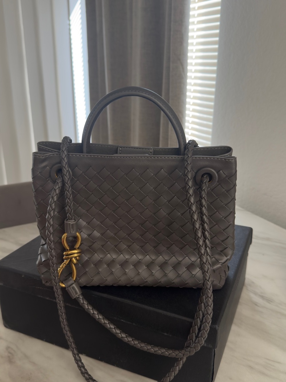 Woven Shoulder Tote in Dark Gray with Braided Straps